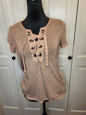 American Eagle Cocoa Lace Up Grommet Slub Knit Tee S Festival Grunge Punk Boho